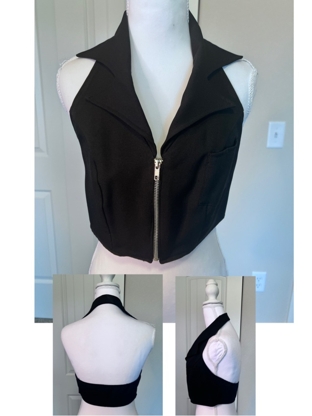 Y2K Black Zipper Front Halter Crop Top Open Back Front Pocket Accent Sz Medium
